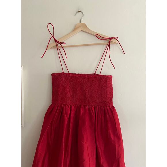 DHRUV KAPOOR Red Smocked Cerise Midi Dress Size Small - Picture 7 of 7